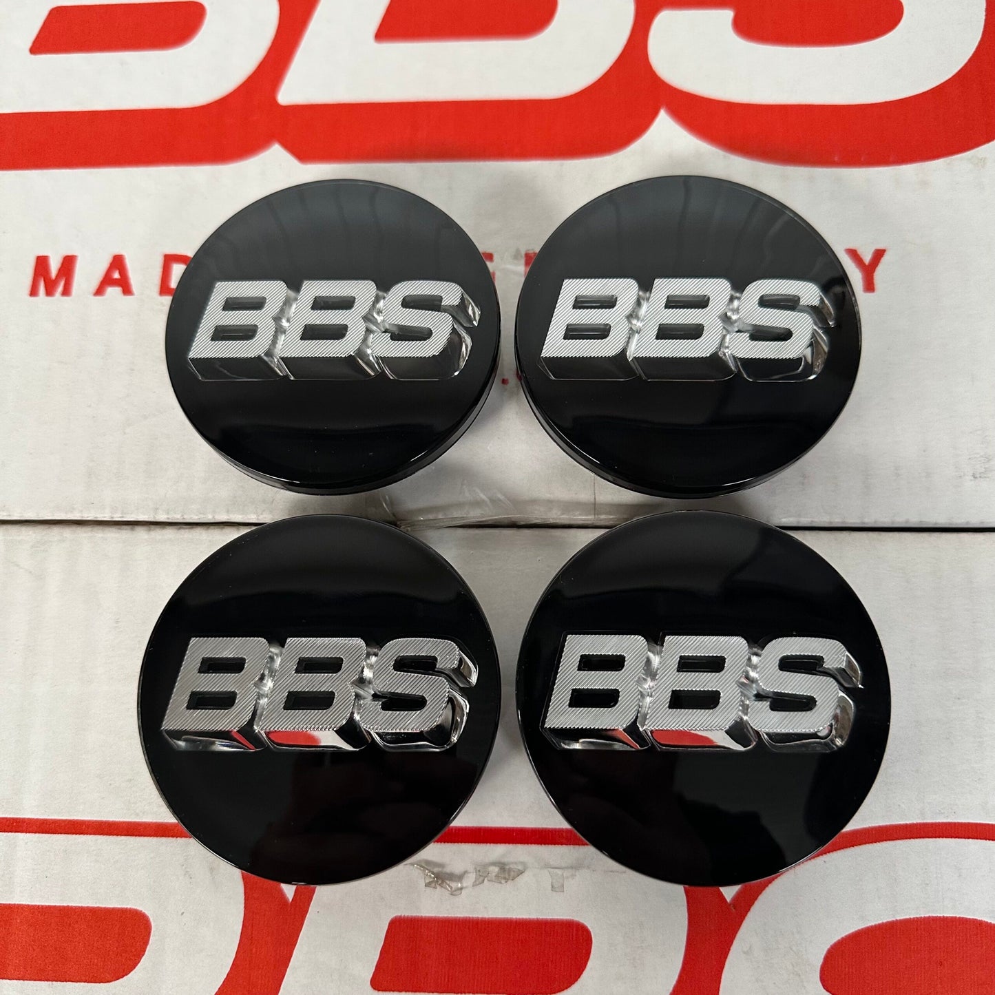 BBS 70.6mm Black / Silver Centercaps Badges Logos (self leveling)