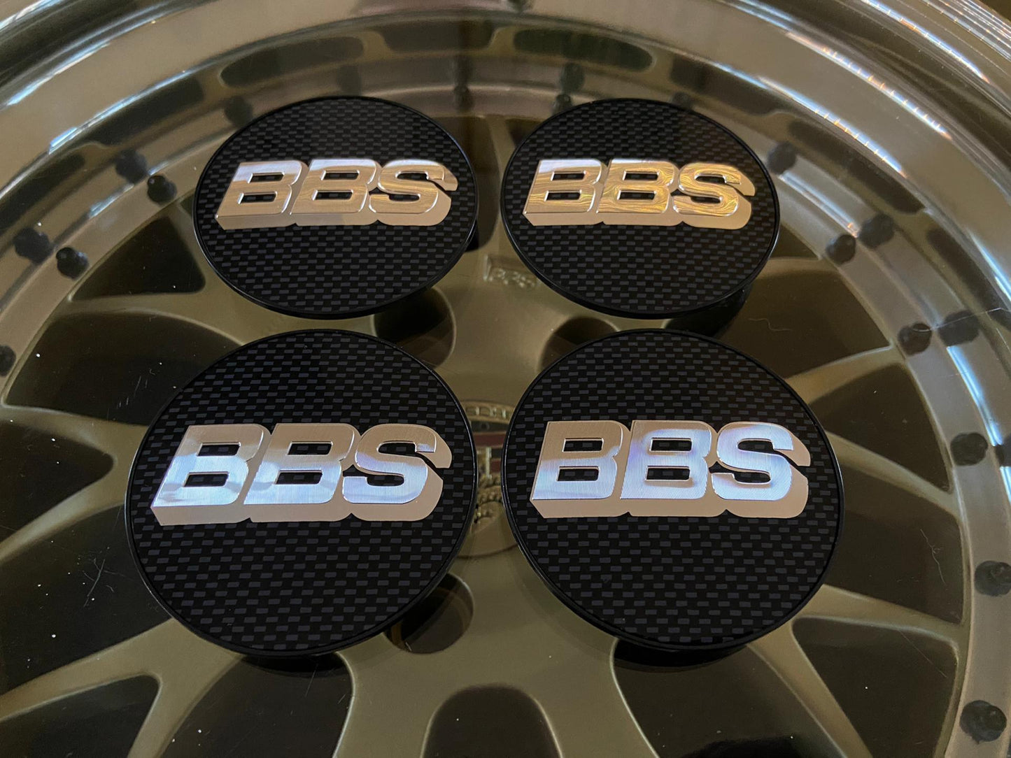 BBS 80mm Carbon / Silver Centercaps Badges Logos (self leveling)
