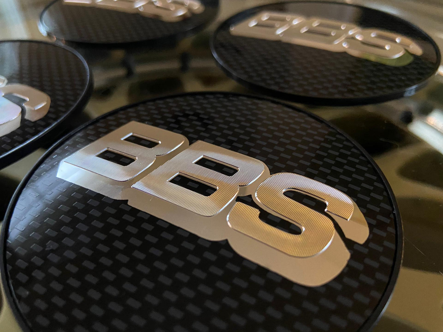 BBS 80mm Carbon / Silver Centercaps Badges Logos (self leveling)