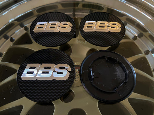 BBS 80mm Carbon / Silver Centercaps Badges Logos (self leveling)