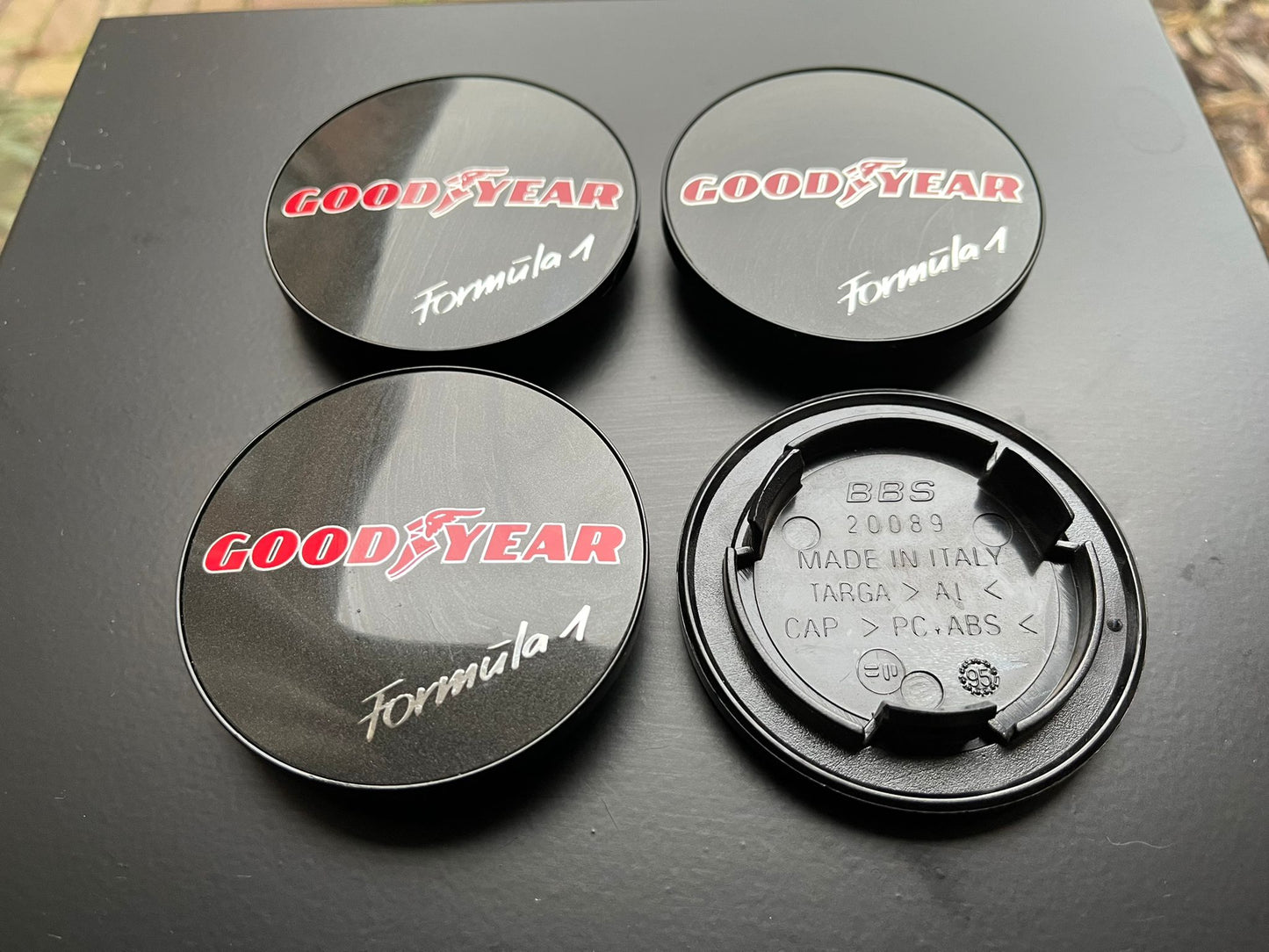 BBS 70.6mm Black Goodyear Formula 1 Centercaps Badges Logos