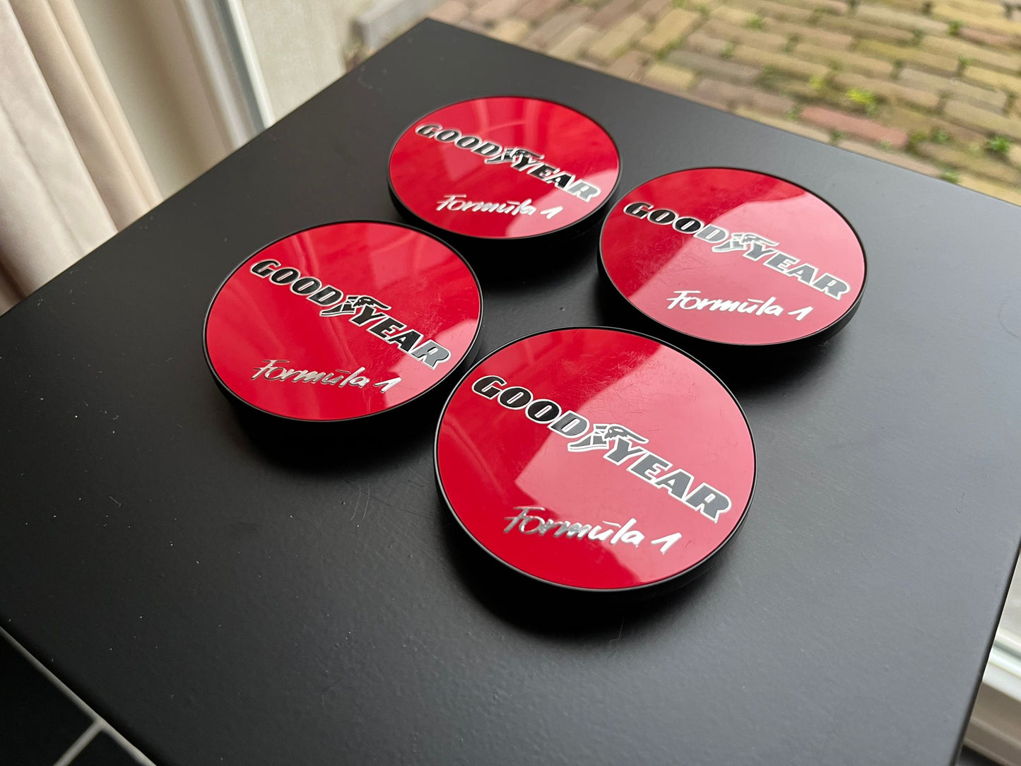 BBS 70.6mm Red Goodyear Formula 1 Centercaps Badges Logos