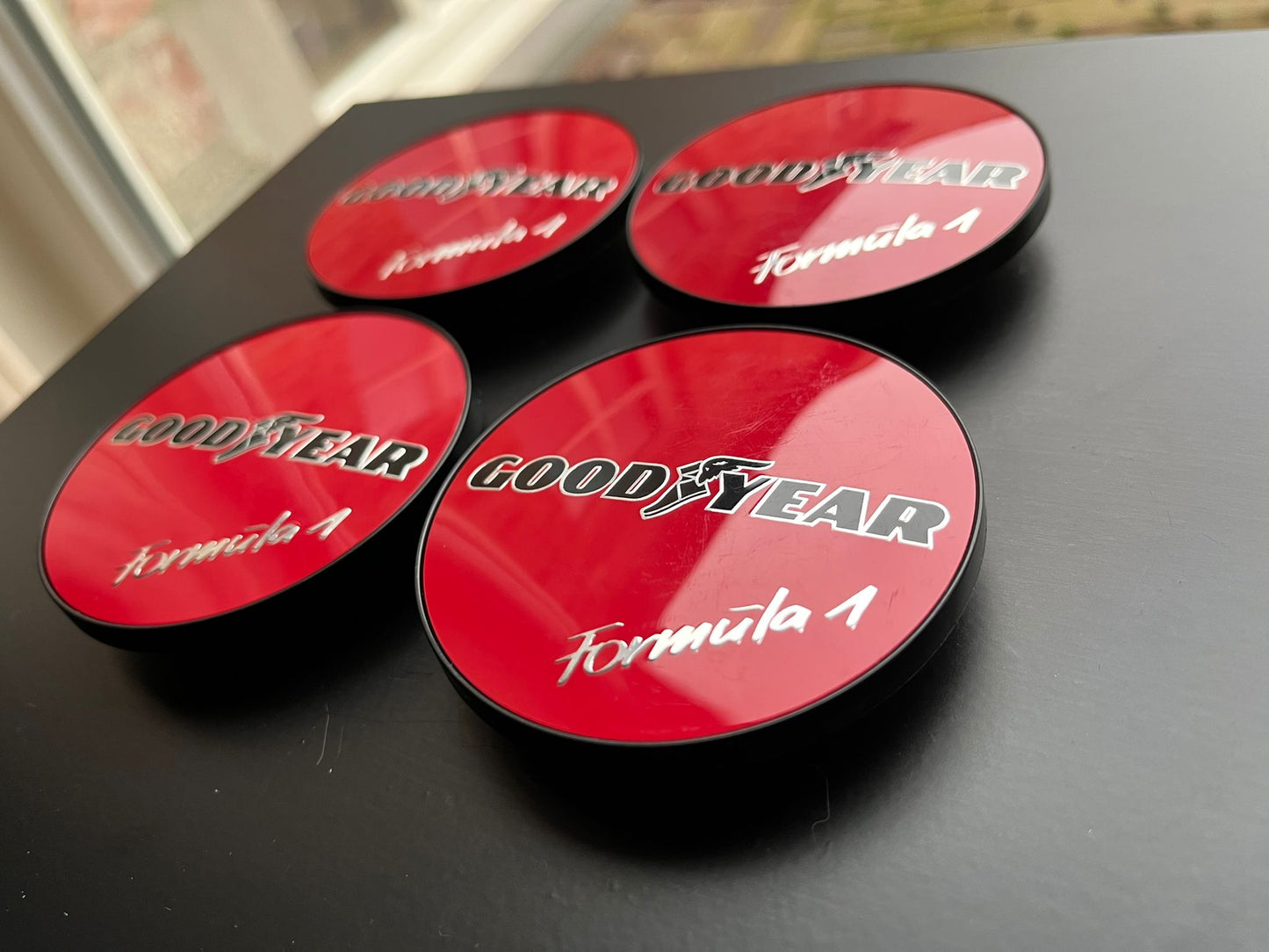 BBS 70.6mm Red Goodyear Formula 1 Centercaps Badges Logos