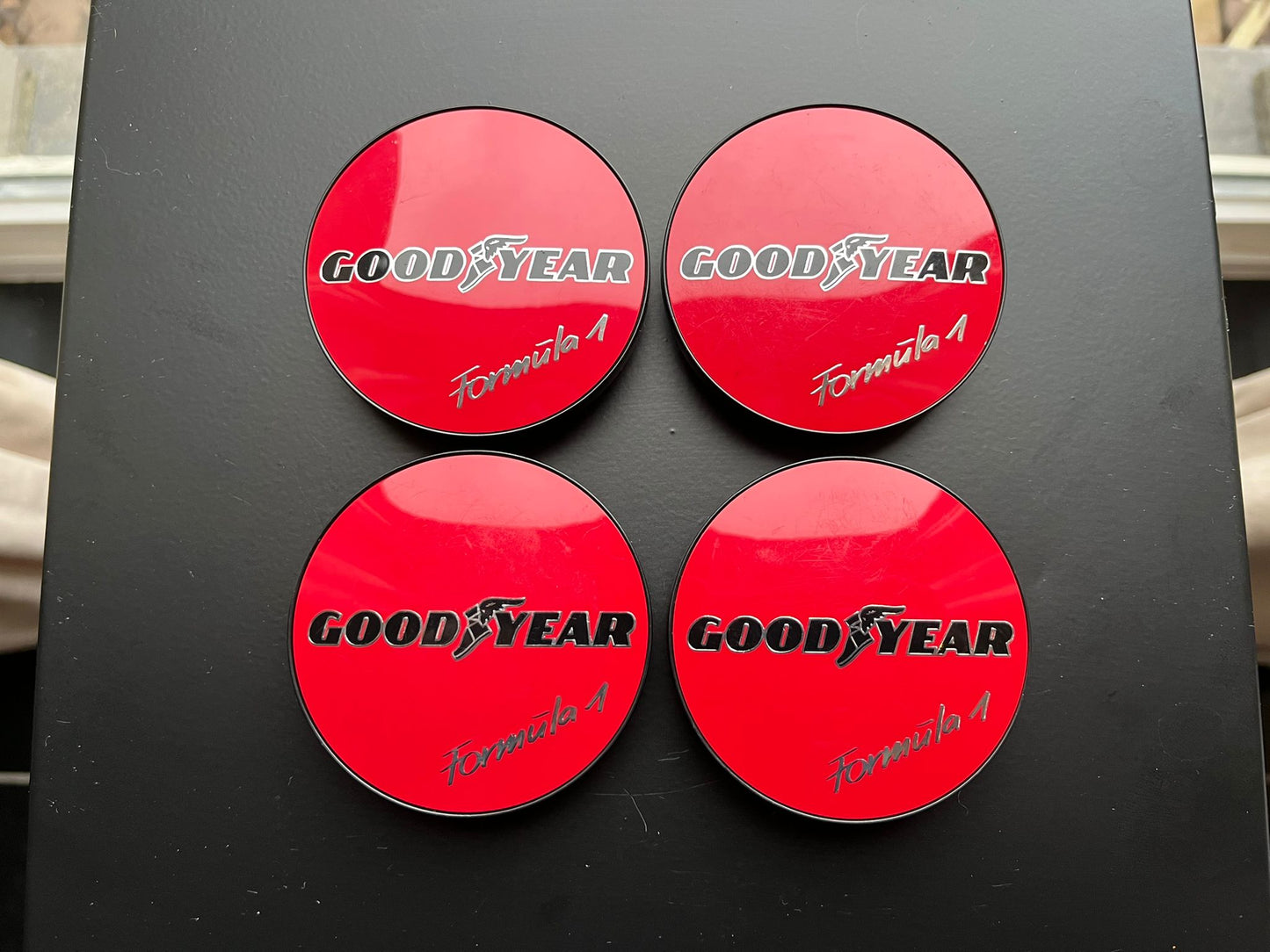 BBS 70.6mm Red Goodyear Formula 1 Centercaps Badges Logos