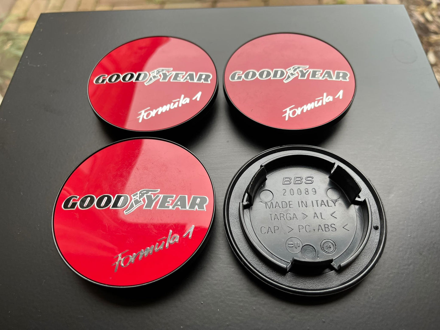 BBS 70.6mm Red Goodyear Formula 1 Centercaps Badges Logos