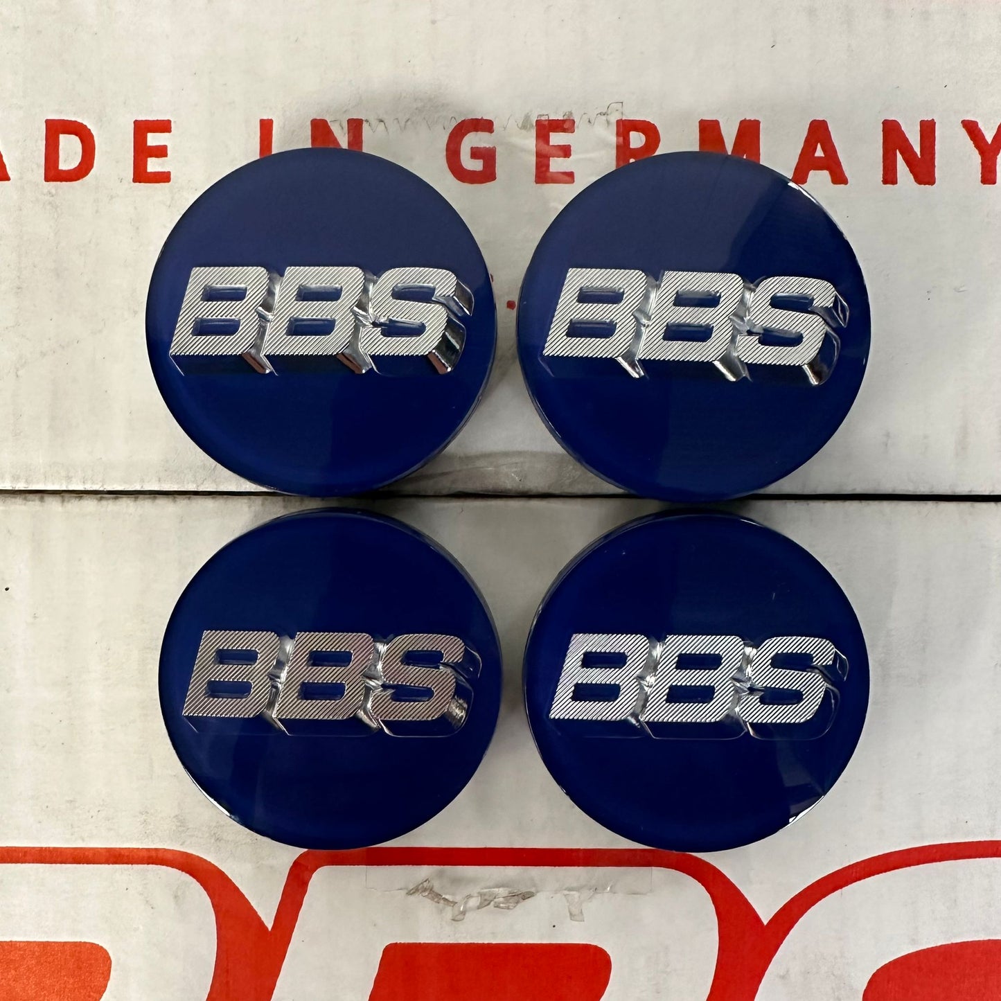 BBS 56mm Blue / Silver Centercaps Badges Logos (self leveling)