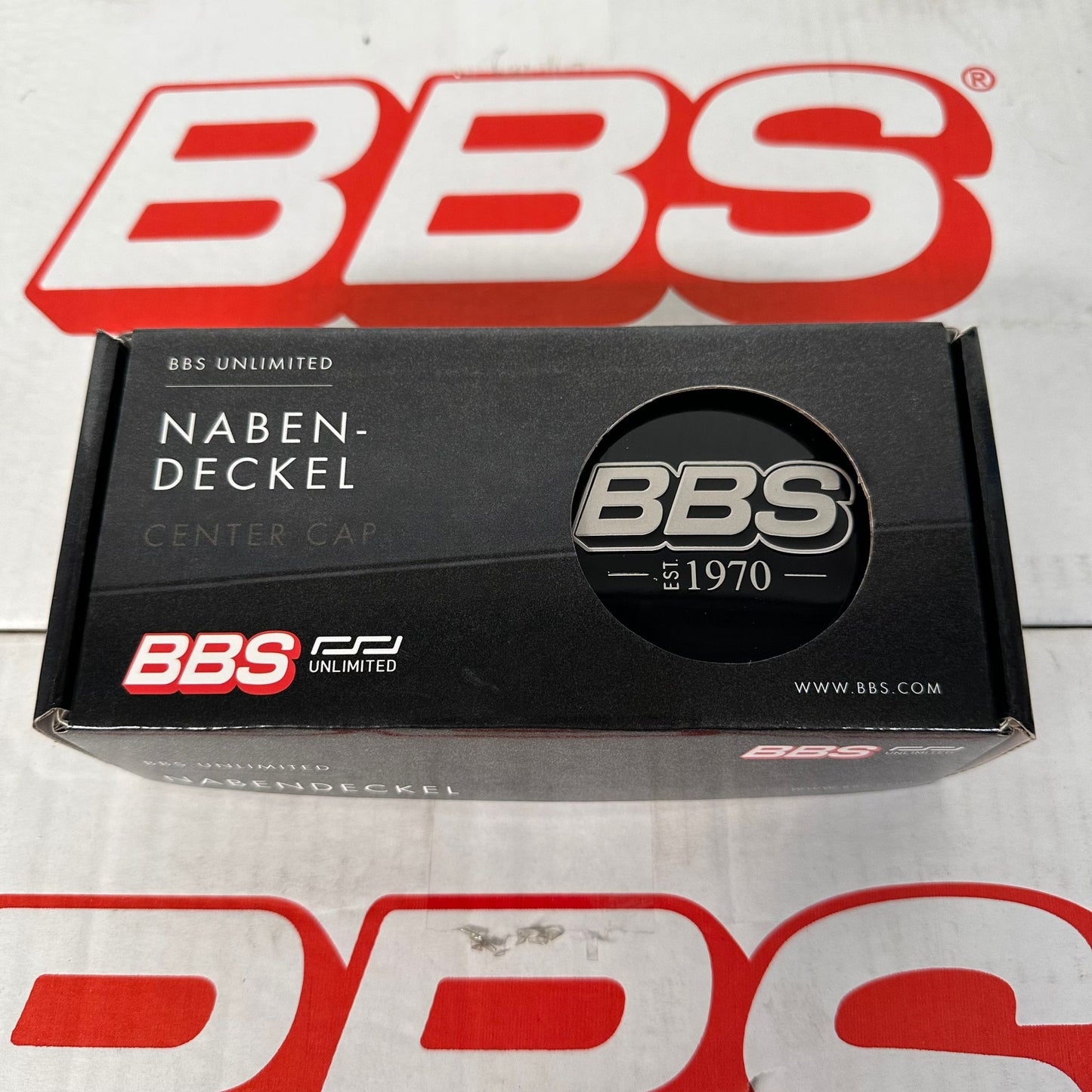 BBS “EST. 1970” 70.6mm Black / White Gold Centercaps Badges Logos