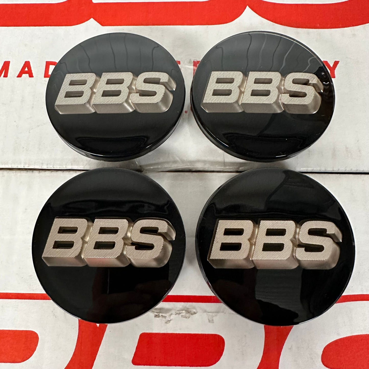 BBS 70.6mm Black / White Gold Centercaps Badges Logos (self leveling)